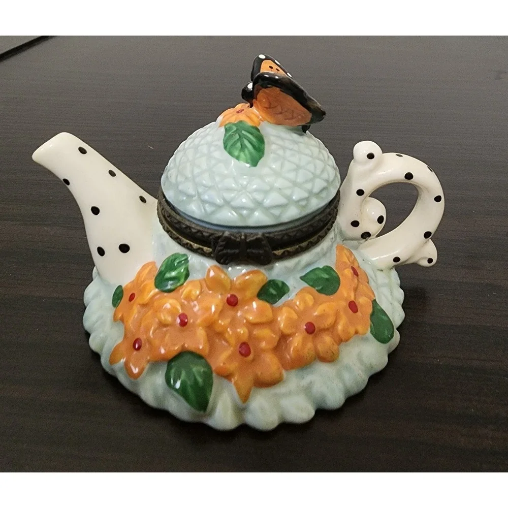 Teapot Butterfly Trinket Box Blue Porcelain Hinged Ring Pill treasure